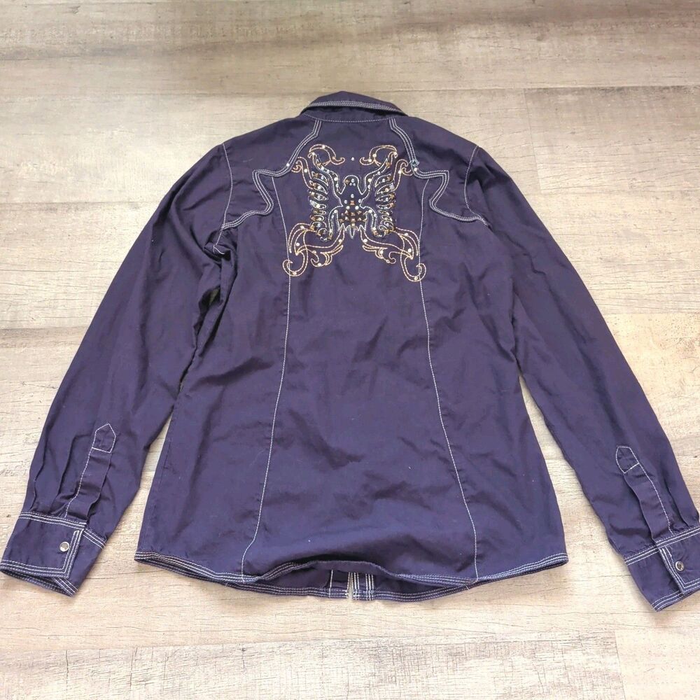 Rock 47 By Wrangler S Western Shirt Snap Purple Embroidered Rodeo Rhinestone